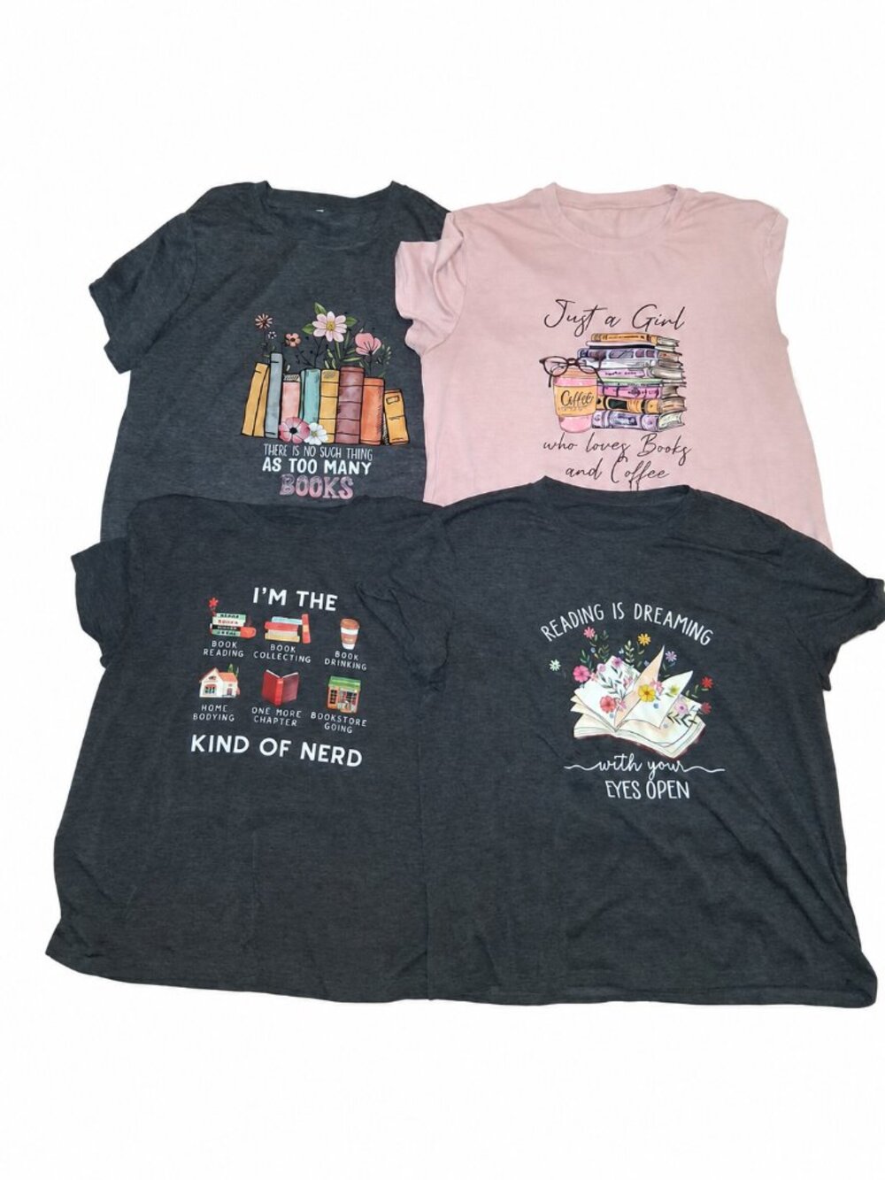 4-Piece Book Lover Graphic T-Shirt Bundle Women’s XXL Reading Coffee Floral
